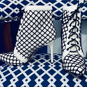 White and black fishnet boots lace up